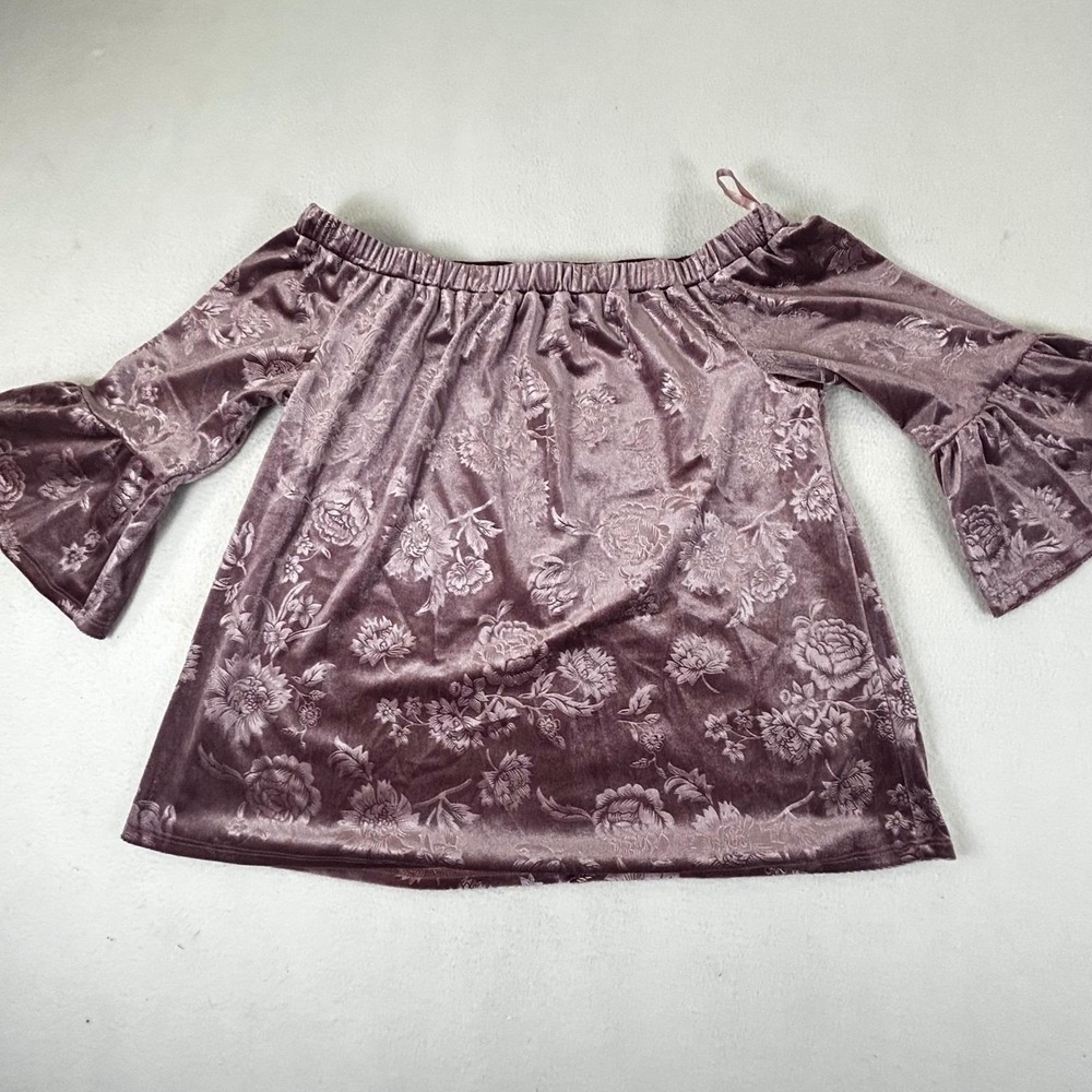 Floral Velvet Top Off Shoulder Bell Sleeve Blouse